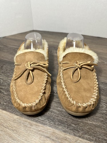 LL Bean Moccasins Mens Light Brown Suede Dyed Lambs Fur Slippers Size 9M - Picture 2 of 20