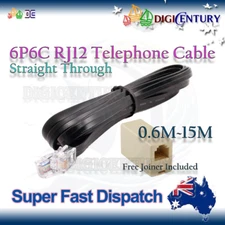 0.6m - 15m Black 6P6C RJ12 PRO Straight ADSL Telephone Cord Cable w/ free Joiner