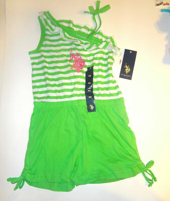 US Polo Assn Girls Striped Green White Romper Size 6X NWT - Main Image