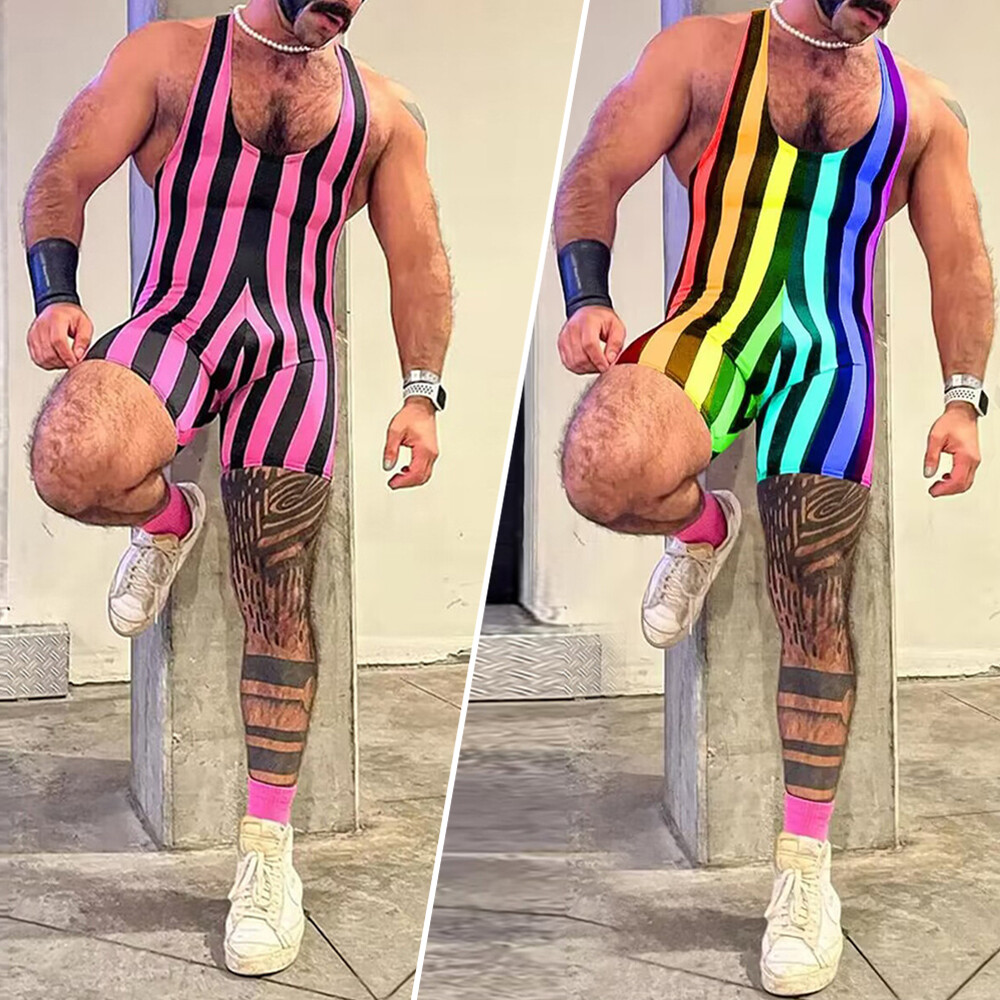Stripe Jumpsuit Gym Sports Bodysuit Sleeveless Breathable Elastic Boxer Shorts ṑ-image