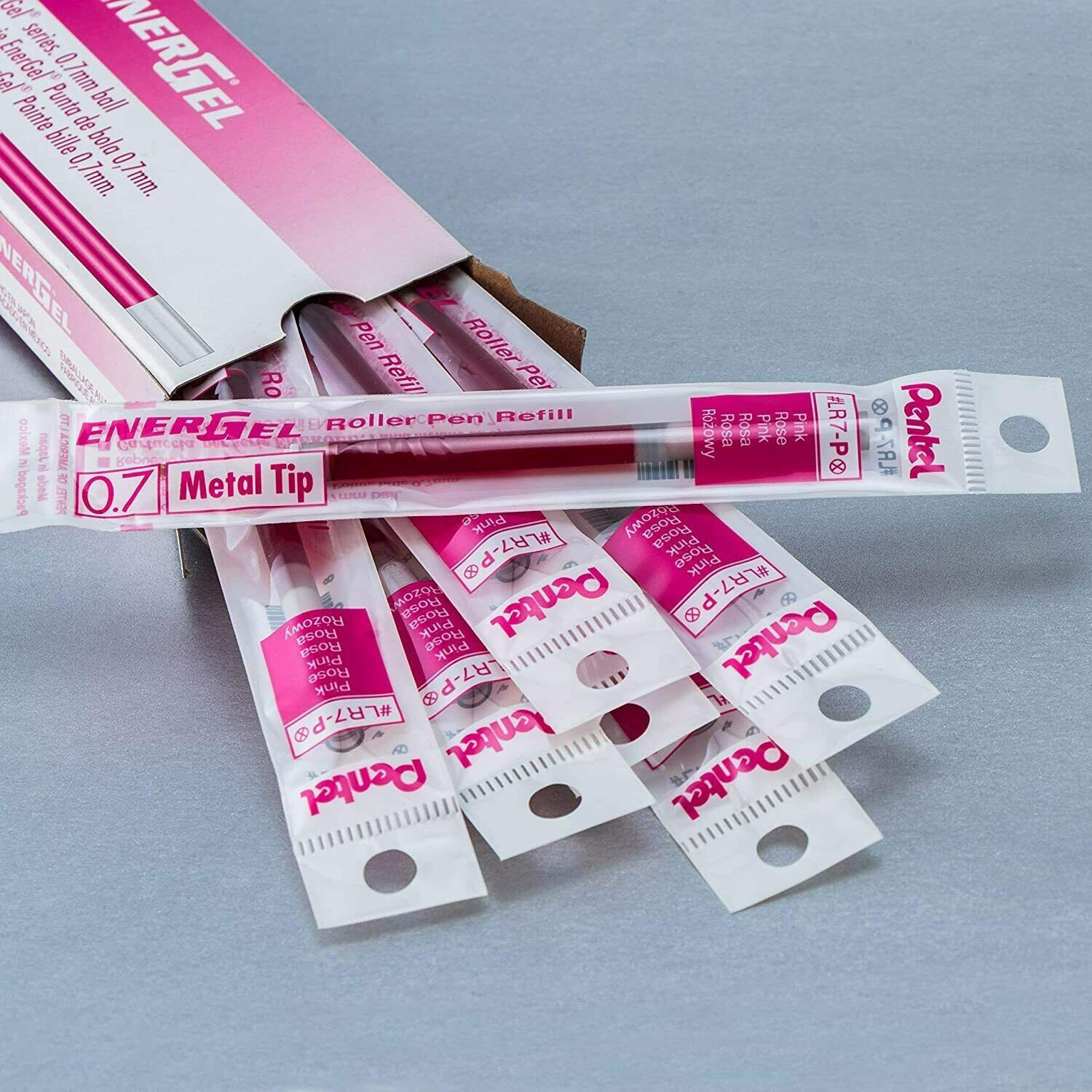 15 Pentel LR7 Roller Refill for EnerGel Gel Pen 0.7 mm Metal Tip Pink Color Ink