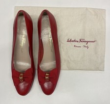 Vintage 80s Salvatore Ferragamo Vara Red Leather Bow Heels 6.5 AA