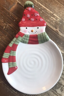 Hallmark Snowman Swirl Plate Red Green Scarf Hat Snowflakes 10  X 6-1/2 