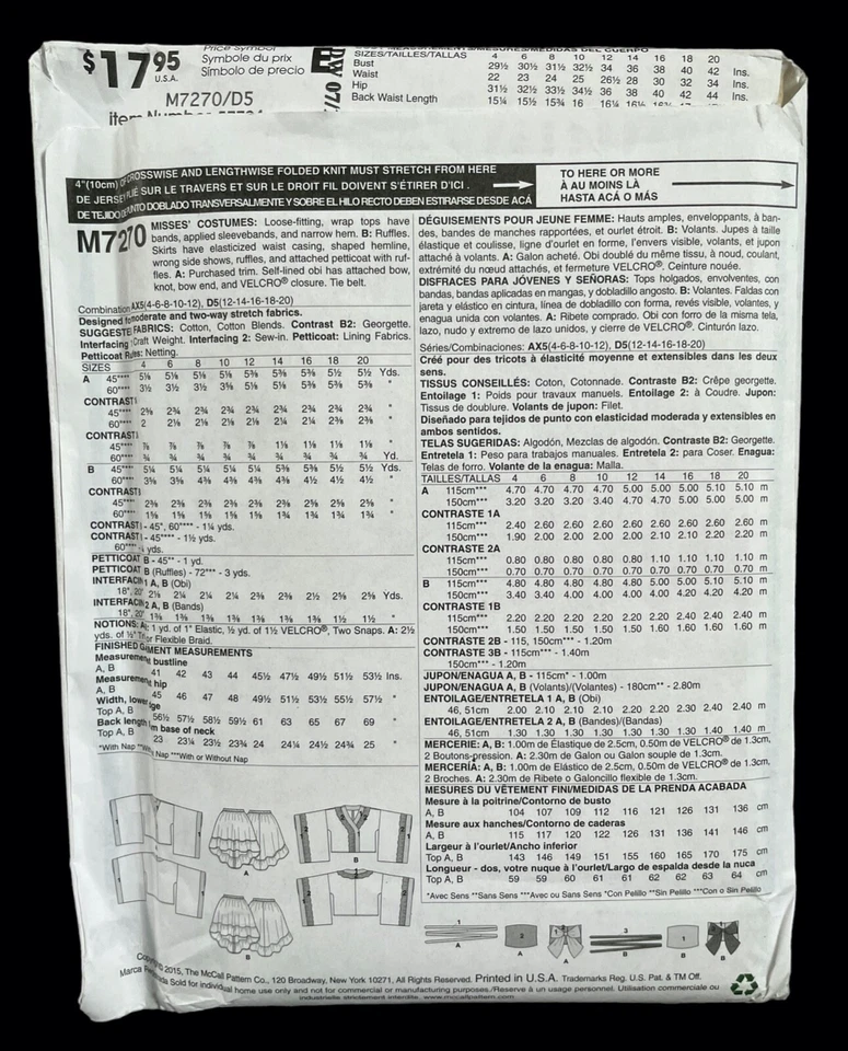 McCall's M7270 Geisha Obi Anime Skirt Kimono Costumes Cosplay Sz 12-20 D5 UNCUT - Image 2 of 2