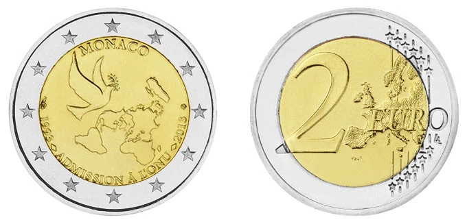 MONACO 2 EURO 20 JAHRE UNO-MITGLIEDSCHAFT 2013 bankfrisch - Bild 1 von 1