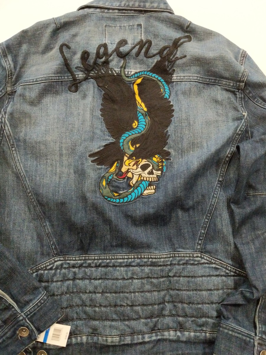 William Rast Mens Erwin Blue Knight Denim Jean Jacket Hawk Skull