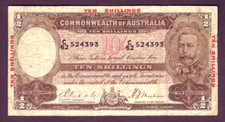 Australia R-10.  (1934) Riddle/Sheehan - 10 Shillings.. Red Overprint..  Fine