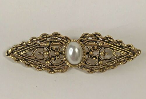 Vintage Faux Pearl Ornate Gold Tone Pin Brooch Go… - image 1