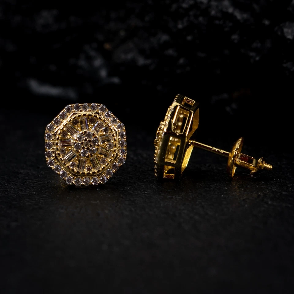 Aretes para hombre enchapados en oro amarillo de 14K 925 circonita helada en forma octogonal Foto 3 de 4