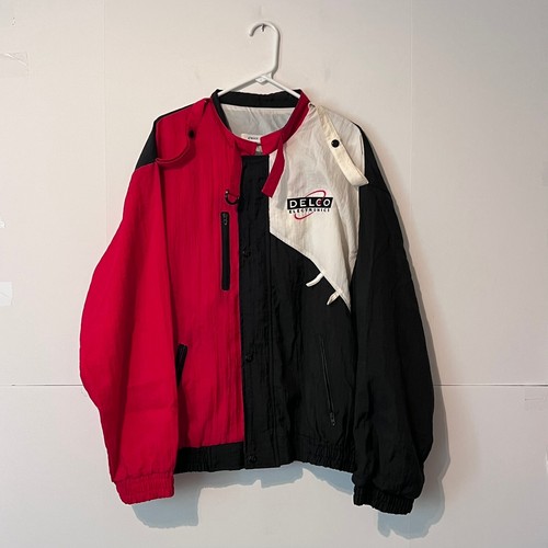 Vintage 80s 90s Delco Electronics Mens Satin Jacket Size L Color Block Snap Zip