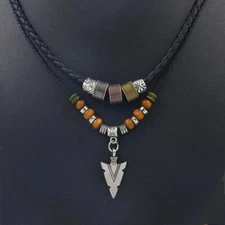 Layered Leather & Beaded Necklace – Vintage Tribal Arrow Pendant for Men