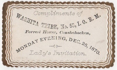 1870 Conshohocken PA - Washita Tribe 58 I.O.R.M. - Lady's Invite - Forrest House