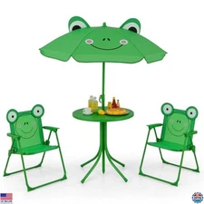 Costzon Kids Picnic Table Set with 2 Folding Chairs & Adjustable Umbrella, Green