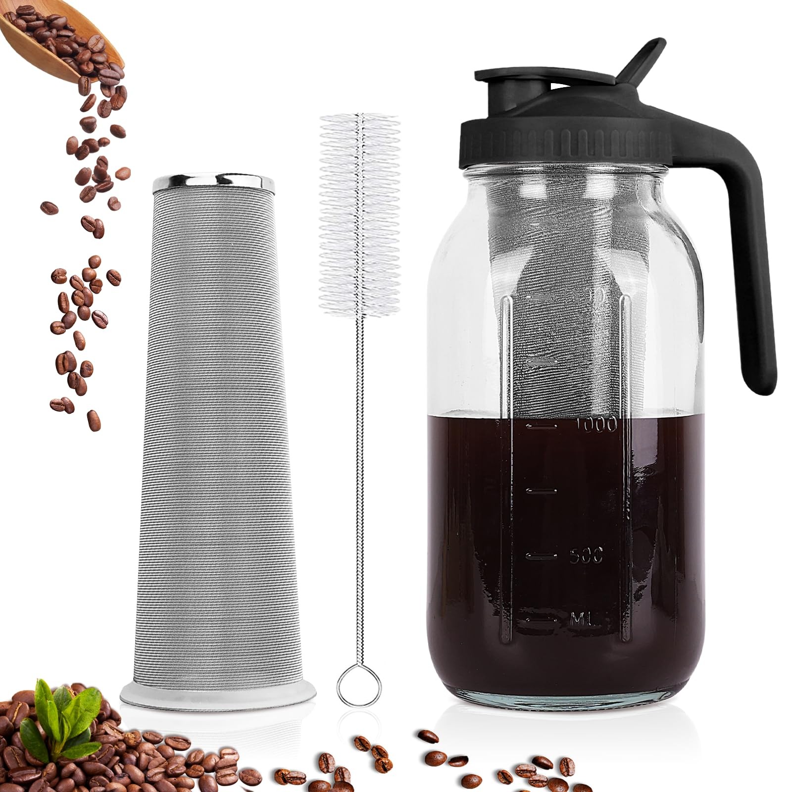 Cold Brew Coffee Maker,64 oz Mason Jar Pitcher with Stainless Steel Filter, P...