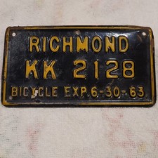 Vintage Bicycle License Plate Richmond Indiana 1963