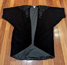 Natori Black Velvet Kimono Jacket Robe Long Open Front Lace Boho One Size READ