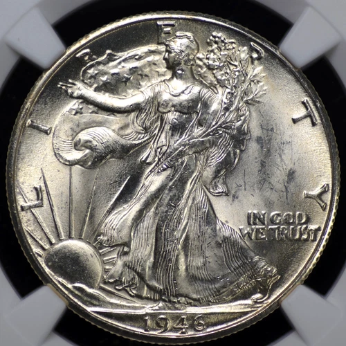 1946 D WALKING LIBERTY HALF DOLLAR NGC MS 63 CRISP SILVER SATIN LUSTER, ROLLING