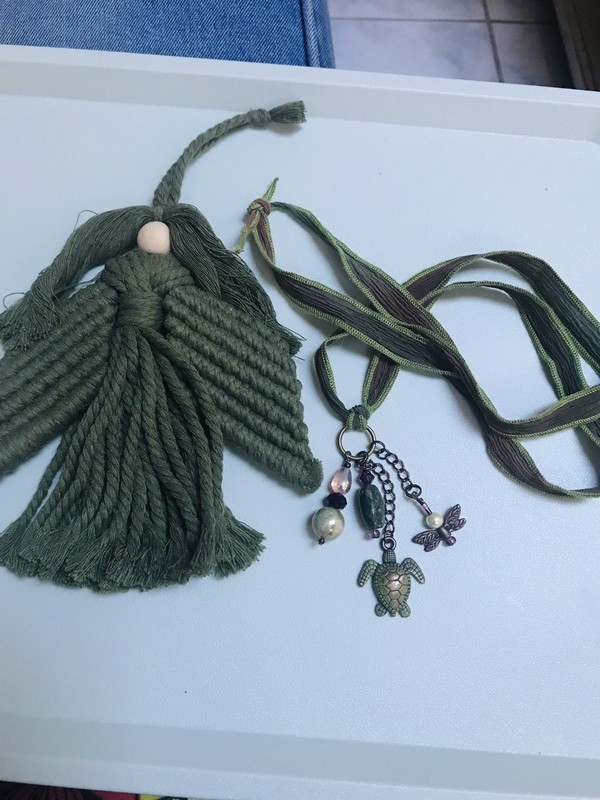 Olive Green Macrame Doll Ornament with Beaded Tortoise Necklace OOAK