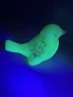 Fenton Uranium Glass Bird Figurine Handpainted Pink Roses - GLOWS 4”  X 3”