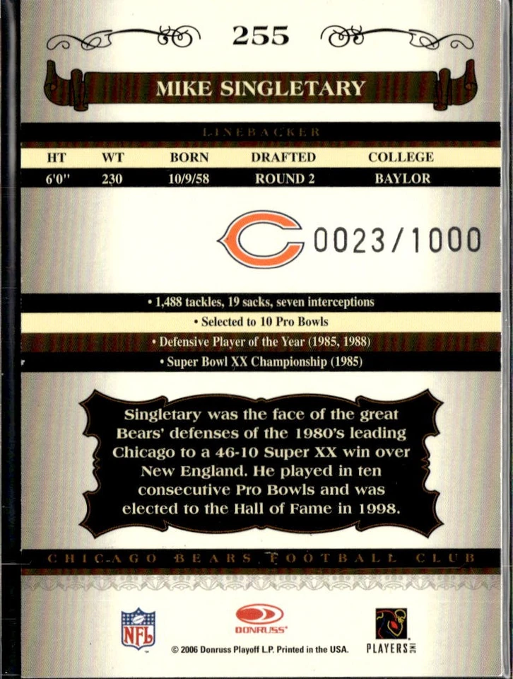 2006 Donruss Classics /1000 Mike Singletary Chicago Bears #255 - Image 2 of 2