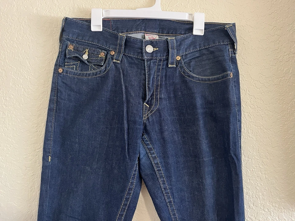 True Religion Ricky Blue Men's Jeans 33X30 Dark Wash Straight Flap Pockets Logo - Image 3 of 4