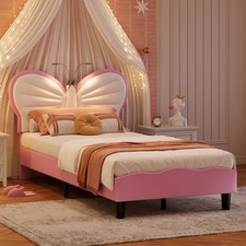 Kinderbett Bett 90 x 200cm Prinzessinnenbett mit verstellbarem LED-Kopfteil Rosa