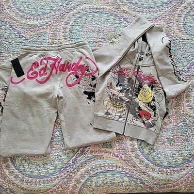 Ed Hardy Rose Grunge Tattoo Baggy Track Set Sz S Cropped Zip-Up Hoodie New READ