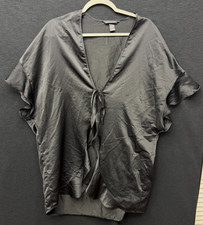 Victoria's Secret Satin Robe Black Kimono Ruffle Trim Lingerie One Size b13