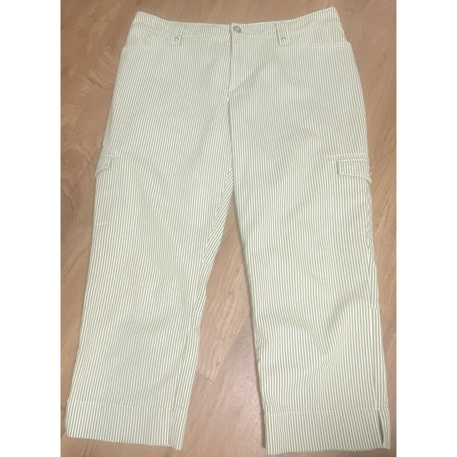 Bogner Sports Women’s Green White Striped Capri Pants Cotton Blend Size 34 Waist