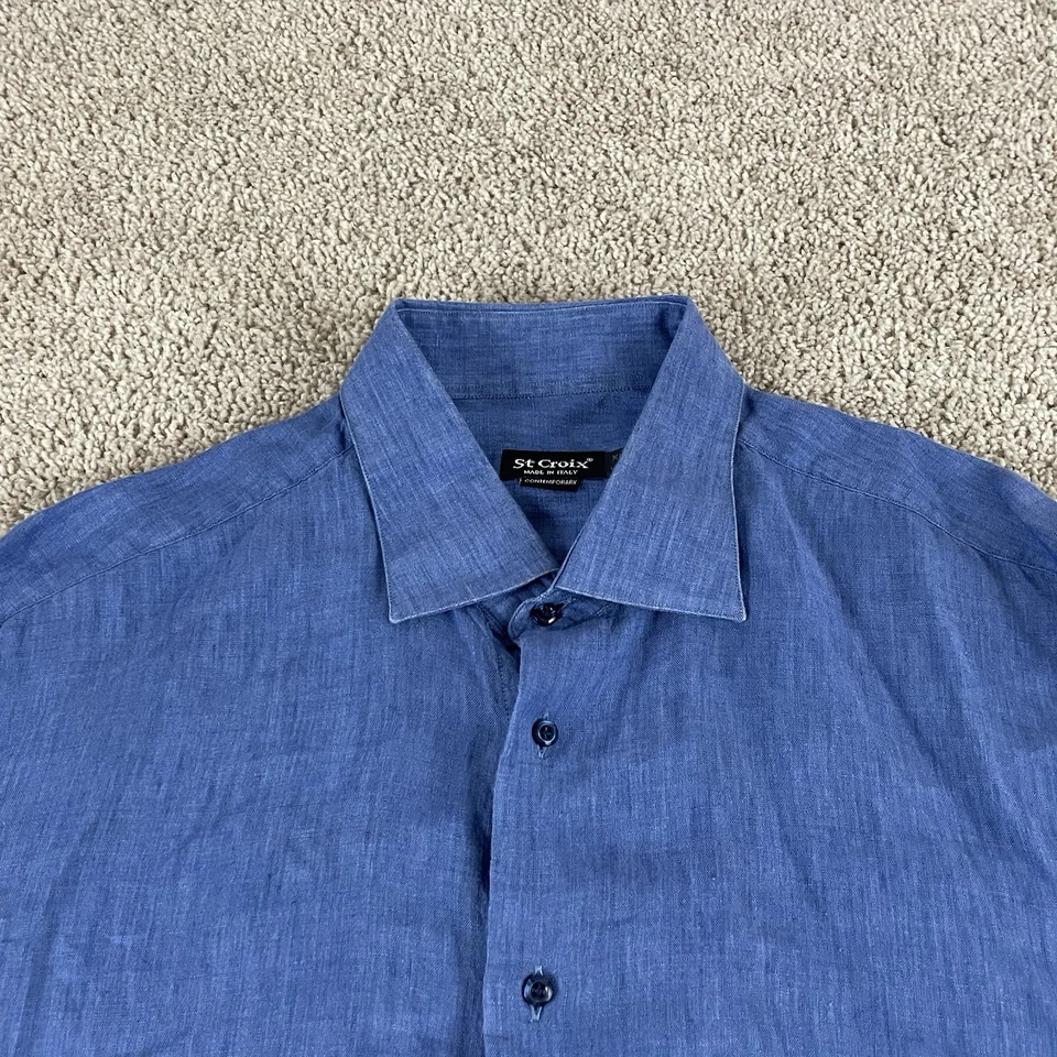 Camisa con botones St. Croix para hombre XL 100 % lino azul trabajo oficina preppy Italia 36 Foto 2 de 4