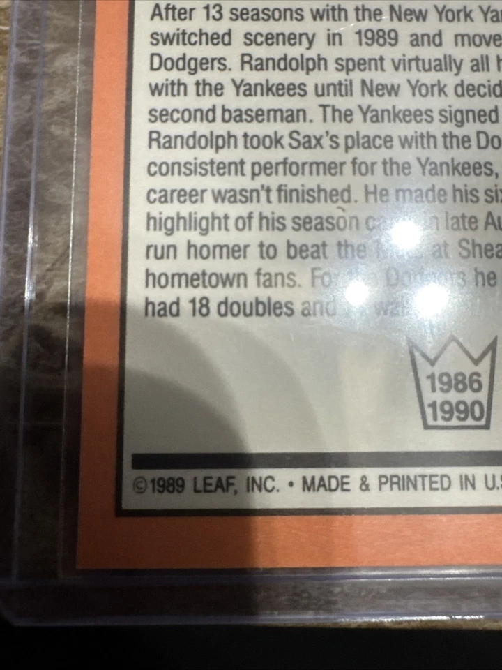 1990 Topps Willie Randolph #19 “1989 Leaf” error trasero Foto 3 de 3