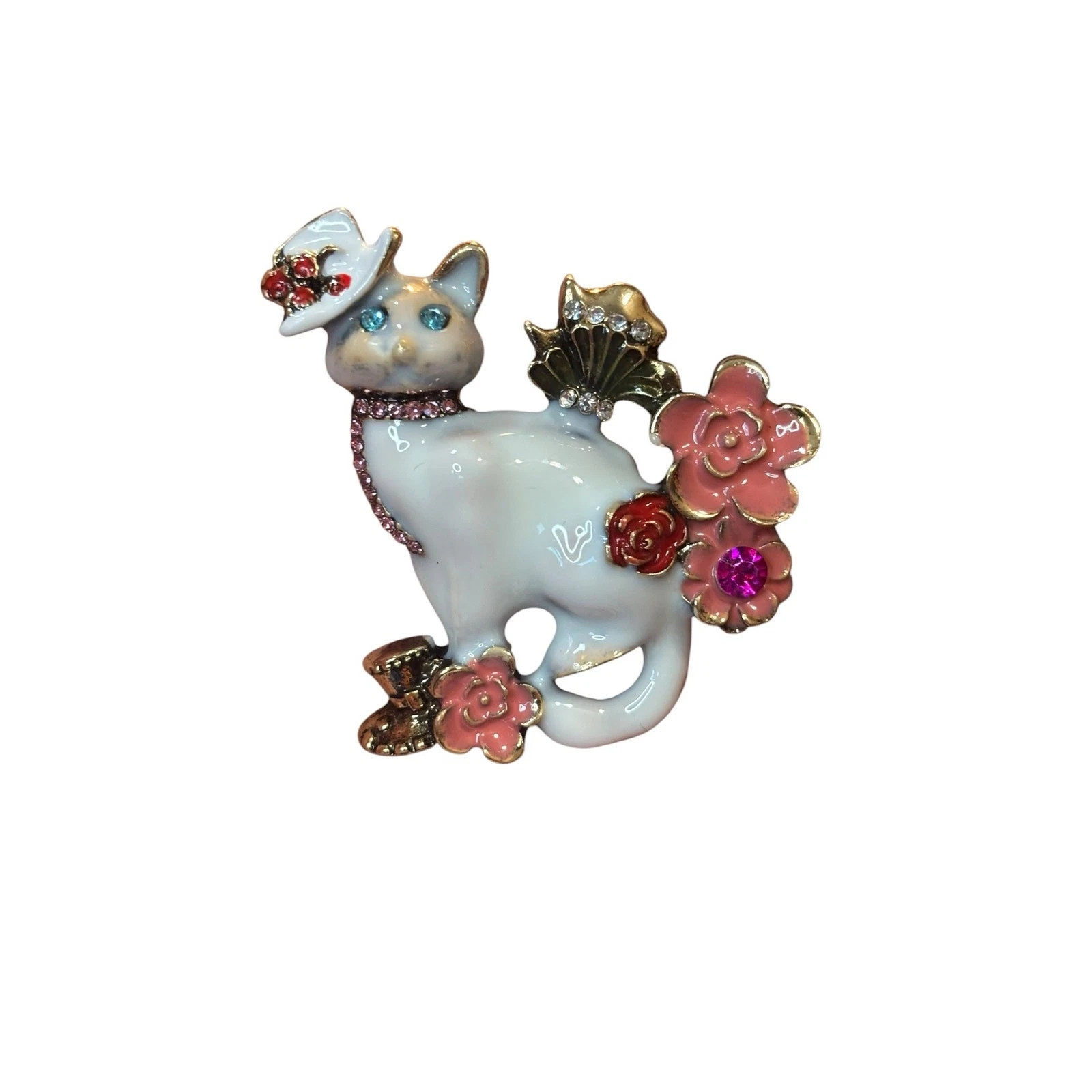 White Enamel Cat Brooch Rhinestone Floral Hat Kitten Pin Whimsical Statement