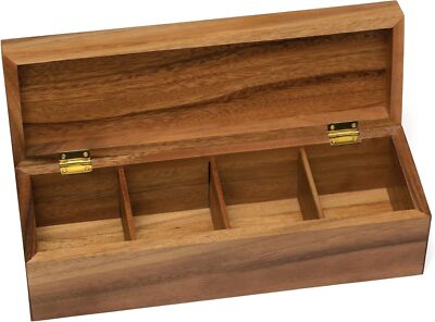 Tea box, 4 sections, 12-1/2 inches x 4-1/8 inches x 3-7/8 inches