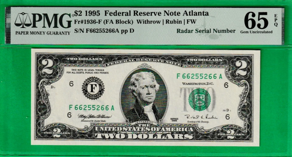 1995  $2  Federal Reserve note RADAR Serial Numbers 66-2552-66  PMG 65 - Image 2 of 3