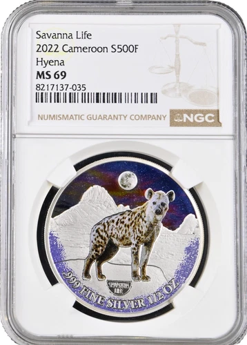 Cameroon 500 francs 2022, NGC MS69, "Savanna Life - Hyena" Top Pop 1/0