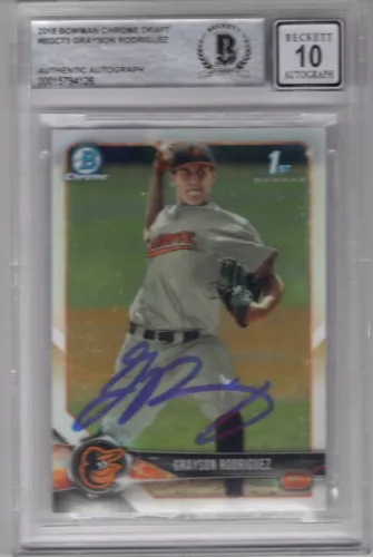 GRAYSON RODRIGUEZ SIGNED 2018 BOWMAN CHROME 1ST RC #BDC-73 BECKETT/BAS 10 AUTO
