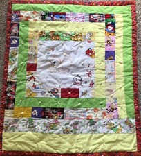 Handmade Baby Crib Quilt Comforter Embroidered Cat Kitten Patchwork Red Floral