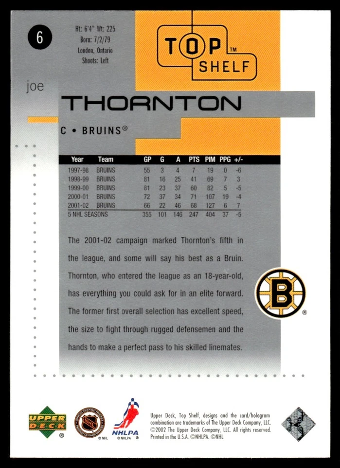 2002-03 Upper Deck Top Shelf Joe Thornton Boston Bruins #6 - Image 2 of 2