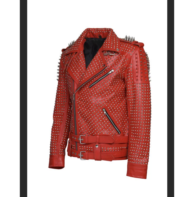 Hand Studded Red Spiked Leather Jacket for Men, Rivet Punk Studded Jacket - Image 3 of 4