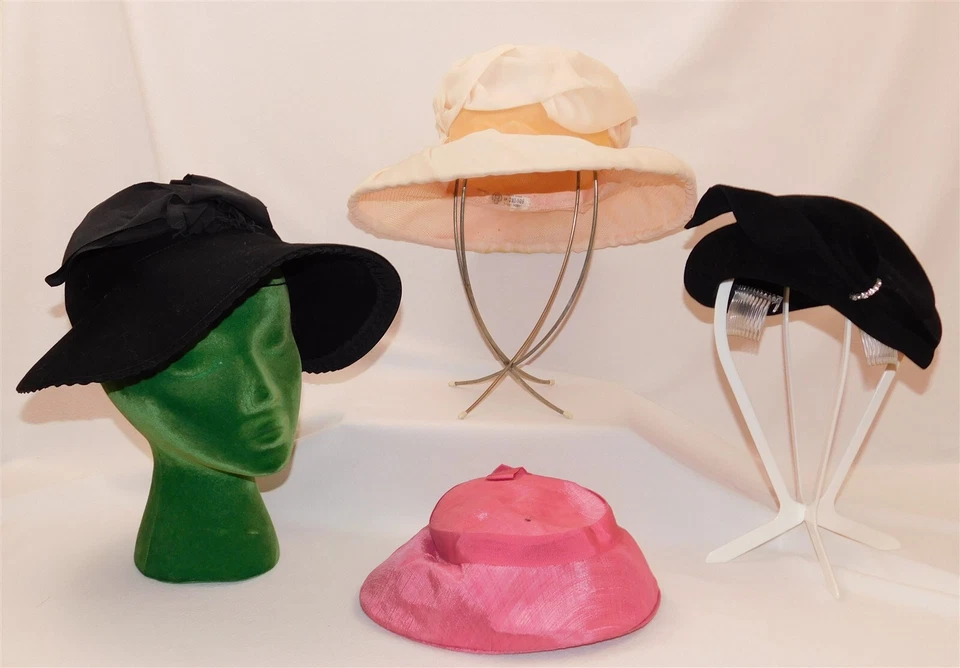 LOTE de sombreros de colección para mujer sombrerería 4 piezas lana fieltro ala ancha negro rosa melocotón Derniere Foto 2 de 4