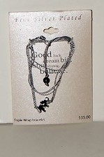 Women's Fine Silver Plated Elephant Charm Triple Wrap Gray String Bracelet NWT