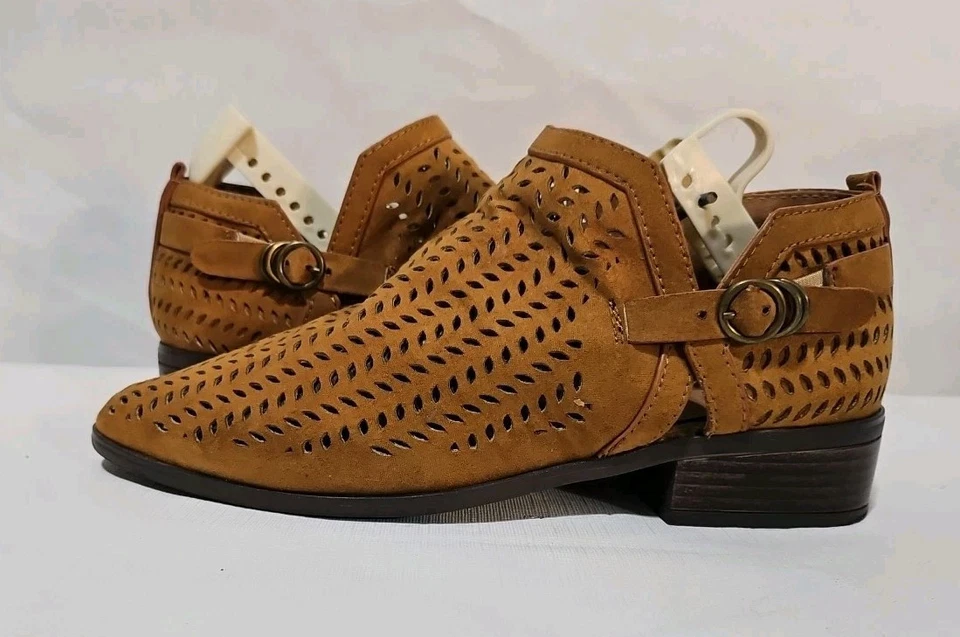 Botines de bambú color tostado sable tacón bloque cremallera sin cordones punta almendra para mujer talla 8 W Foto 3 de 4