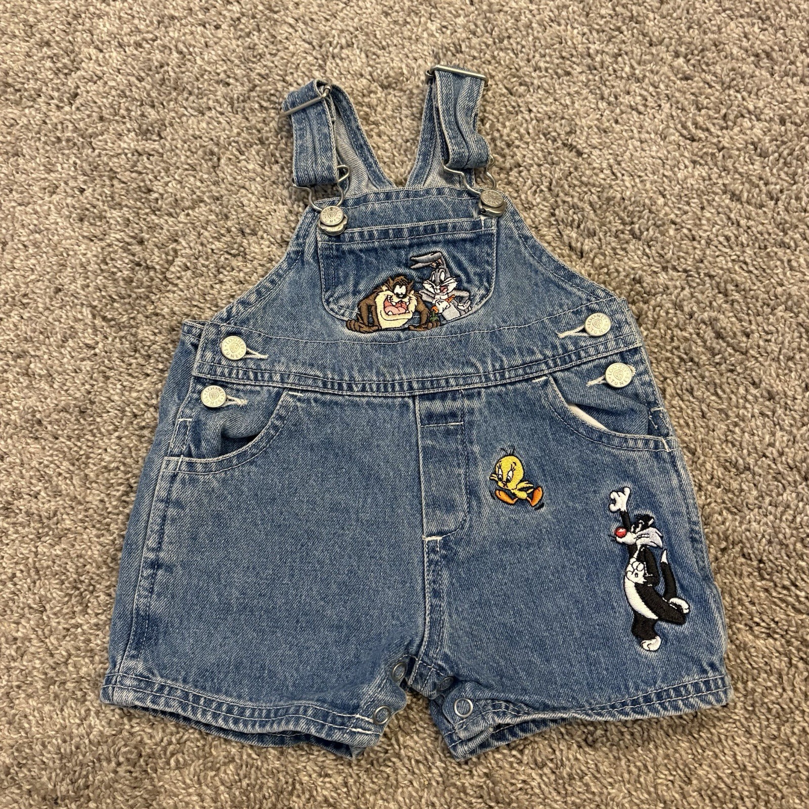 Rare Vintage 90s Looney Tunes Tasmanian Devil Blue Jean Denim Overalls Baby 6M