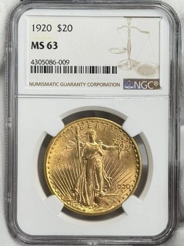 1920-P $20 Saint Gaudens Gold Double Eagle NGC MS63 Philadelphia PRE33 Coin
