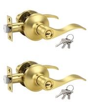 2 Pack Gold Door Handle with Lock and Key, Keyed Alike Gold Door Knob for Fro...