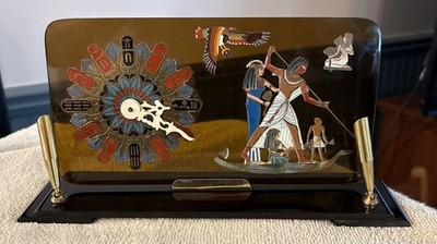 Vintage Lucite Desk Clock: Egyptian Nacht & His Family Fishing MCM Pen Holder