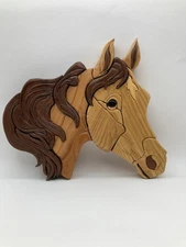 Intarsia Wooden Head of Horse Wall Hanging Decor Handcrafted Fifty Lakes Crafts