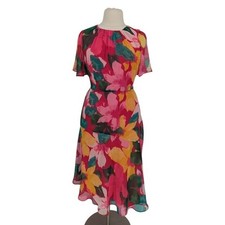 01424 Maggy London Floral Chiffon Midi Dress Red Green size 16 preppy bohemian