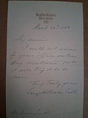 George William Curtis Abolitionist,Author & Writer Signed Letter  1824-1894