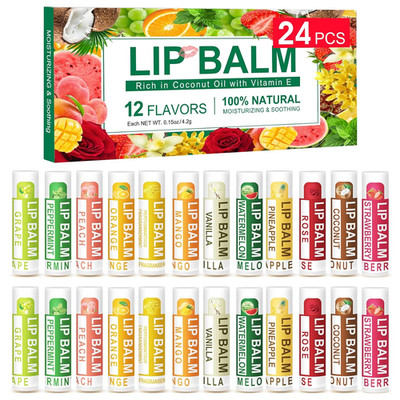 Natural Lip Balm Bulk 24 Pack, Moisturizing Lip Balm with Vitamin E and Coconut